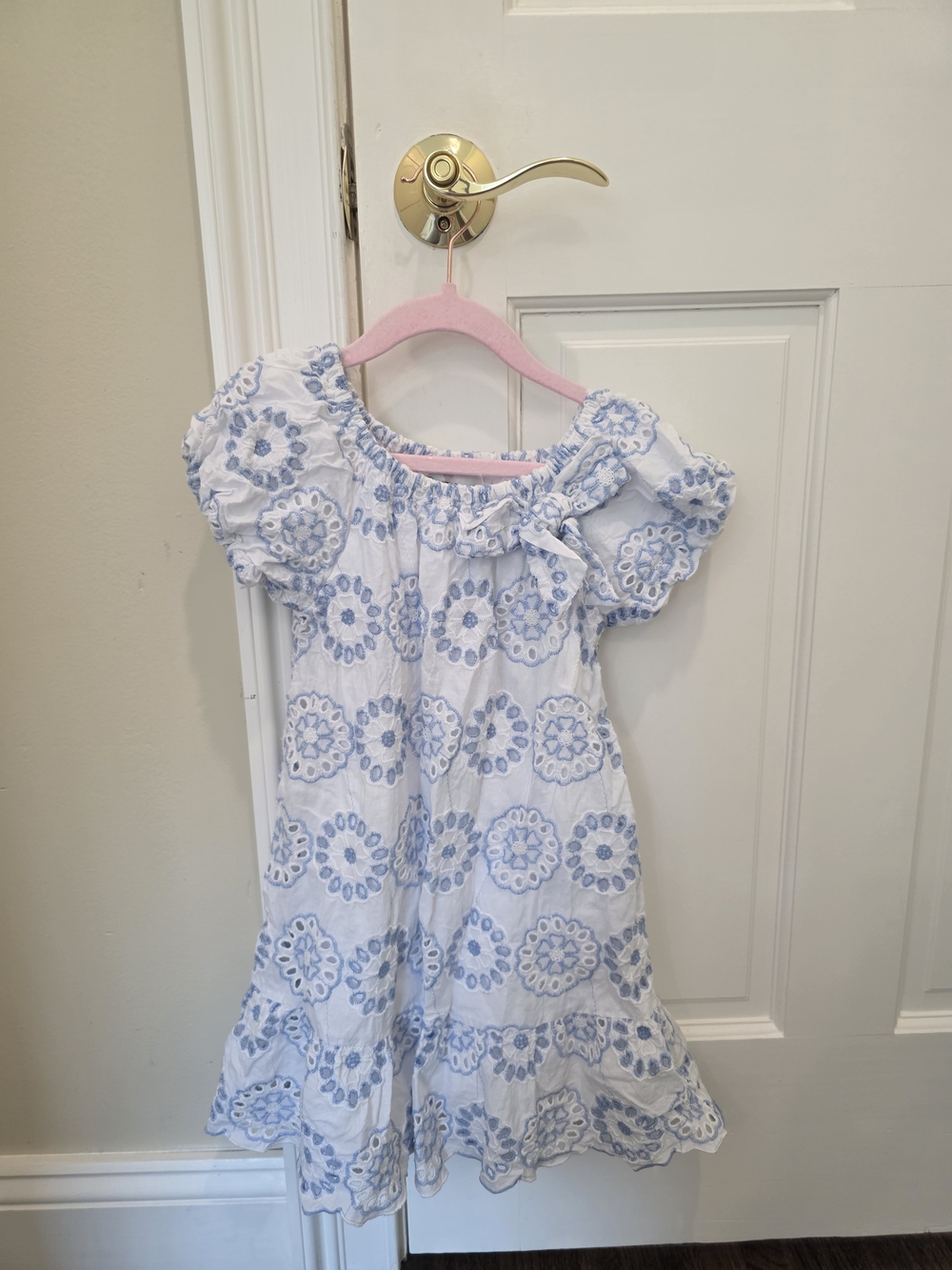 Rare Editions - Girls White and Light Blue Eyelet Sundress - Size 5